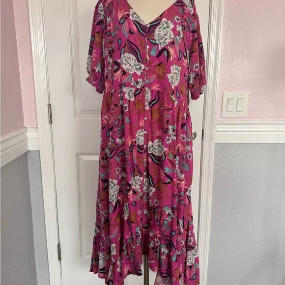 Nurture‎ Westbound Floral Midi Dress Boho Chic Pink Tiered V Neck Size XL rayon - Picture 2 of 14